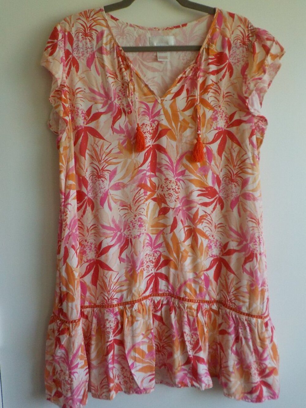 Dress X-Large Floral Pink/Orange/White Boho Ruffle Pockets Sleeveless (2x9)